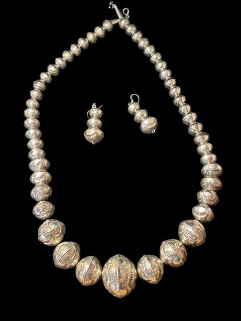 Native American Embossed Navajo Pearl Necklace and Earring Set Sterling (1 of 1)