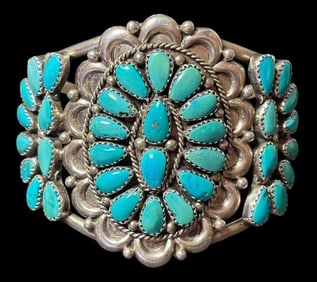 Native American Navajo or Zuni Sterling and Turquoise Cuff Bracelet Signed E