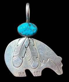 Navajo Native American Signed Dorothy Secatere Turquoise and Sterling Pendant