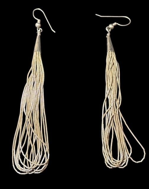 Native American 10-Strand Liquid Silver Earrings: Native American 10 strand liquid silver earrings. Measures 3.5" long. For in-house shipping, select "bidder arranged". Domestic shipping $6.