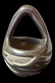 Frances Salazar Signed Santa Clara Pueblo Blackware Pottery Handled Bowl