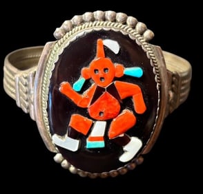 Native American Zuni Stone Inlaid Mudhead Design Cuff Bracelet Signed Bev Etsate