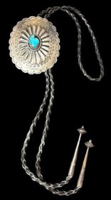 Vintage Native American Navajo Sterling and Turquoise Bolo Tie Signed TG