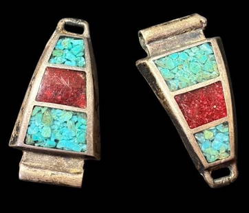 Native American Sterling, Coral and Turquoise Watch Band End Pieces: Native American Navajo sterling with inlaid dark coral and turquoise watch band end pieces. Measures .5" x 1". For in-house shipping, select "bidder arranged". Domestic shipping $6.