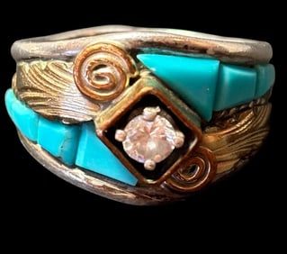 Native American Sterling, Turquoise and CZ Stone Ring Signed S. Ray