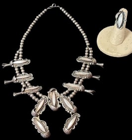 Navajo Squash Blossom with Mother of Pearl Inlay and Matching Ring
