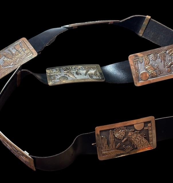 Navajo Becenti Storyteller Concho Belt: Navajo signed BCT for Becenti, storyteller sterling and 1/20 12K concho belt. Eight conchos with different storyline in relief on each concho. 44" belt with conchos measuring 3"x1.75". For in-house sh