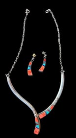 Sterling Necklace and Earring Set With Inlaid Stones
