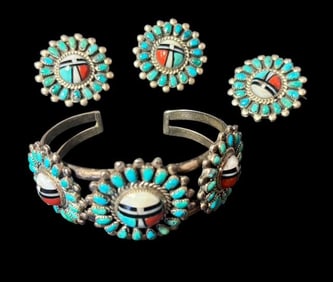 Sterling Zuni Sunface Cuff Bracelet, Earring and Brooch Set
