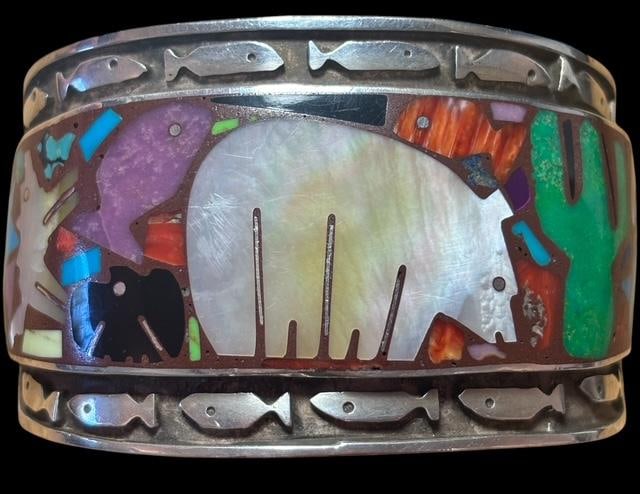Outstanding Native American Sterling and Stone Cuff Bracelet Hallmark Signed (1 of 4)