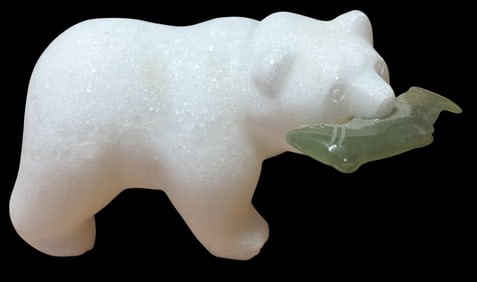 White Marble Bear Fetish with Jade Fish