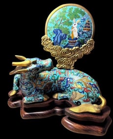 China Cloisonné Rabbit and Dragon/ Ox Table Screen