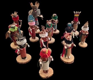 Lot of Thirteen Hand Carved Native American Miniature Kachina Figures All Signed JS