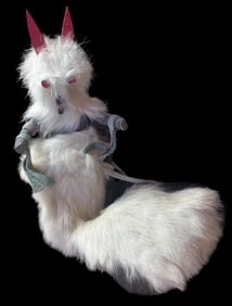 Native American Hand Carved and Signed TB Wolf Kachina in Rabbit Fur Pouch