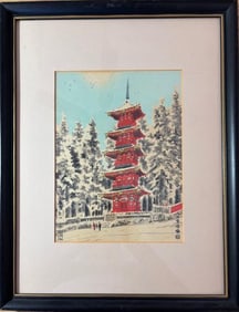 Woodblock Print of The Tuji Temple Pagoda in Kyoto Japan