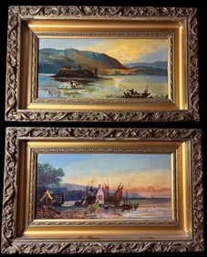 Pair of Antique Oil on Board Asian Art Scene Paintings Unsigned