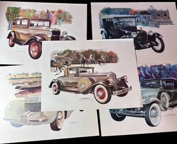 Lot of Five Antique Car Print Posters