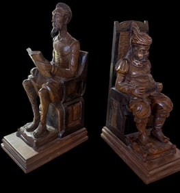 Hand Carved Wooden Book Ends Don Quixote and Sancho Panza