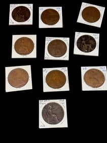 Lot of 10 British Copper Pennies 1863-1965