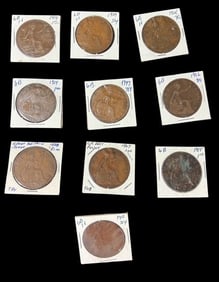 Lot of 10 Large British Copper Pennies
