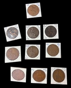 Lot of 10 Great Large British Copper Pennies Ca. Early 1900s