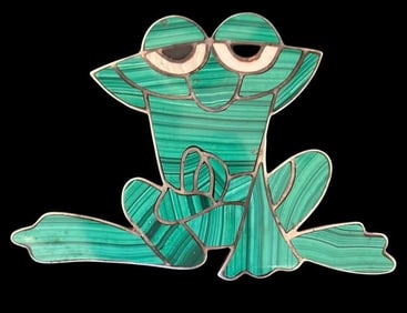 Native American Zuni Sterling and Malachite Frog Pin Signed JADOK