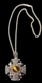 Necklace With Tiger Eye Jerusalem Cross Stone Pendant