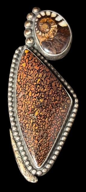 Sterling Fossilized Dinosaur Skin and Ammonite Brooch Signed GH (1 of 2)