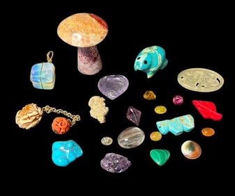 Assorted Lot of 20 Stones, Cabs, Gems and Figures