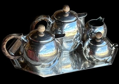 Silver (.833) Tea Set on Silver Peter Ditges Tray near sterling grade of .925