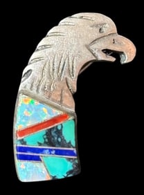 Sterling Silver Zuni Eagle Pin or Pendant With Turquoise, Opal, Lapis and Coral Inlay