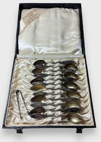 German Victorian Demitasse Spoon Set with Sterling Sugar Tong