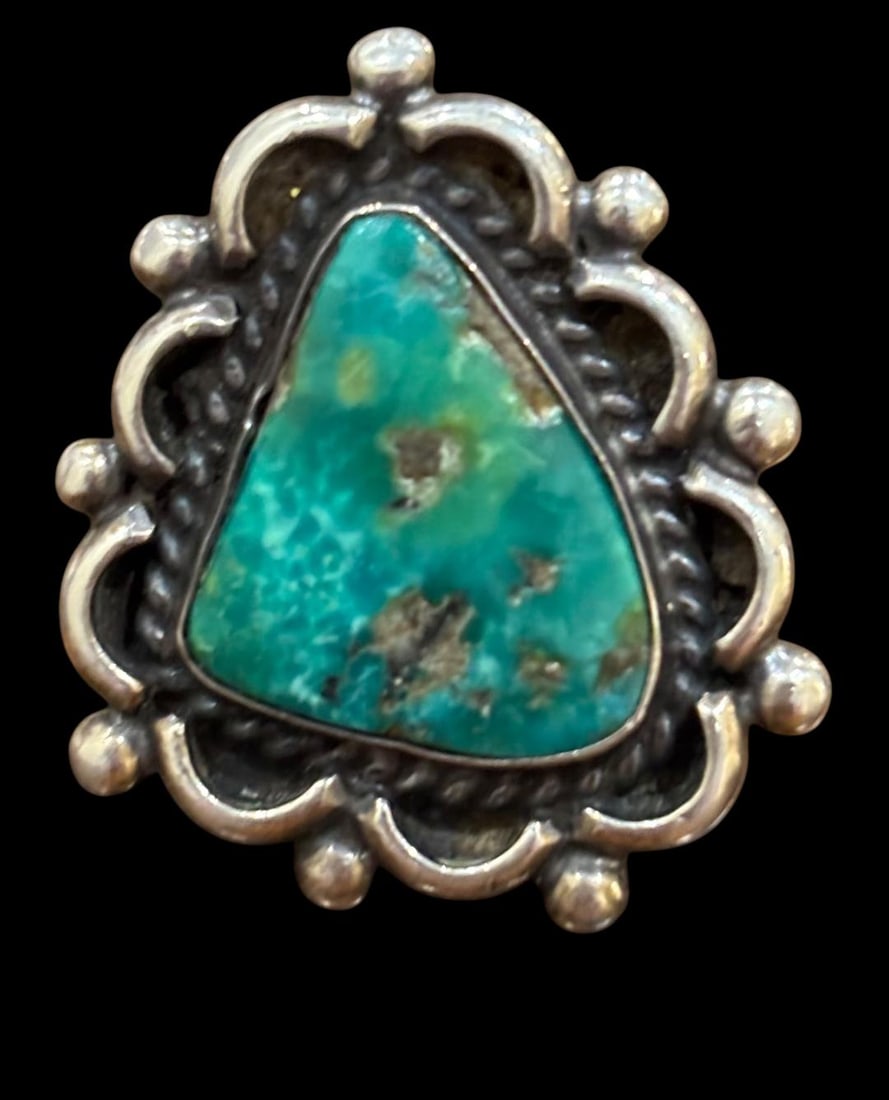 Native American Santo Domingo Pueblo Signed Julian Lovato Turquoise and Sterling Ring (1 of 3)
