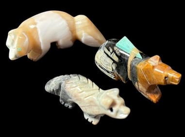 Lot of Three Hand Carved Stone Native American Animal Fetishes