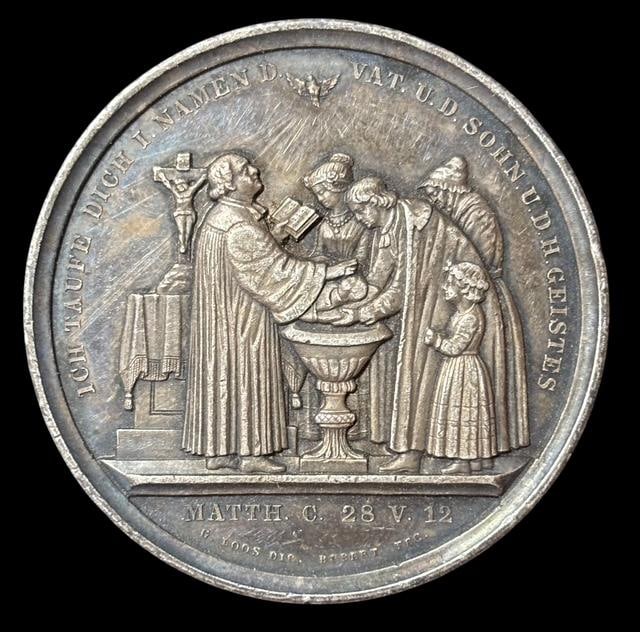 Medal of Christening -  German Gospel of Matthew. Chapter 28 Verse 12 (1 of 2)