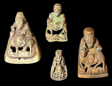 Lot Of Four Antique Chinese Brass Immortals Hat Amulets