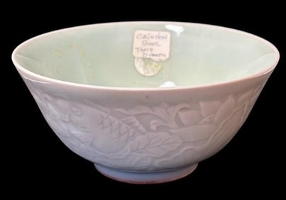 Rare Chinese Longquan Glazed Celadon Bowl Carved Fish Motif