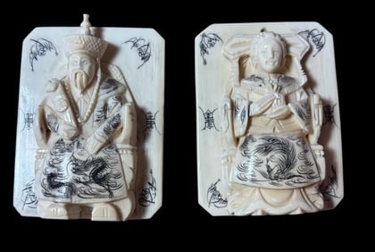 Pair of Stunning Etched and Carved Bone Asian Pendants