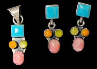 Sterling and Stone Pierced Earrings and Pendant