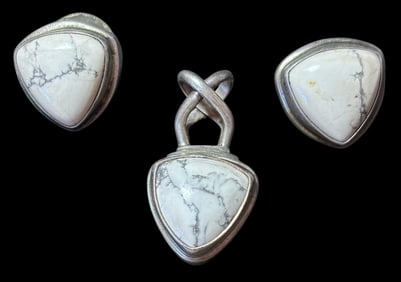 Set of White Buffalo turquoise and Sterling Pendant and Earrings Sarda