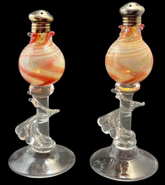 Signed Blown Art Glass Salt and Pepper Shakers: Signed blown art glass tall salt and pepper shakers. Dated '96. Measure 5" x 2". Lovely colorful set. For in-house shipping, select "bidder arranged". Domestic shipping $20.
