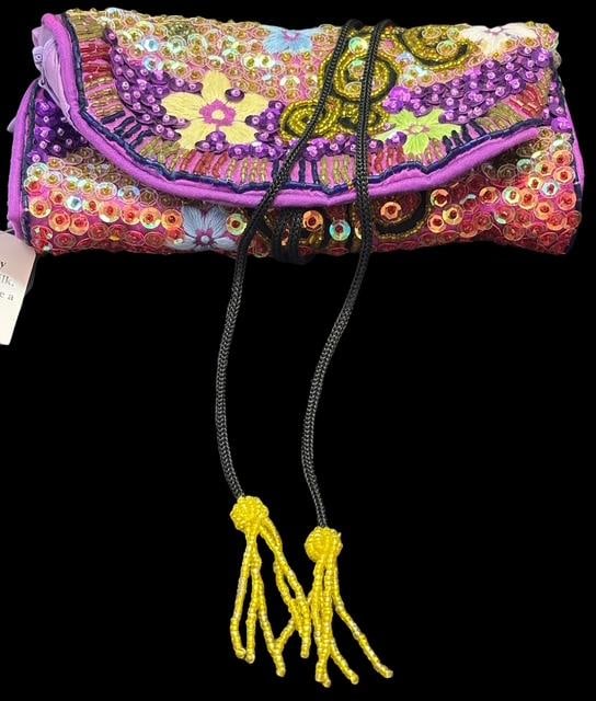 Colorful Jazzd Clutch Purse Handmade Silk: Colorful Jazzd clutch purse with original tag. Artisan handmade silk. Measures 7" x 10.5". For in-house shipping, select "bidder arranged". Domestic shipping $12.