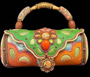 Designer Mary Frances Purse: Designer Mary Frances colorful leather and beadwork purse. Measures 10" x 5" x 3". Handle measures 4". For in-house shipping, select "bidder arranged". Domestic shipping $16.