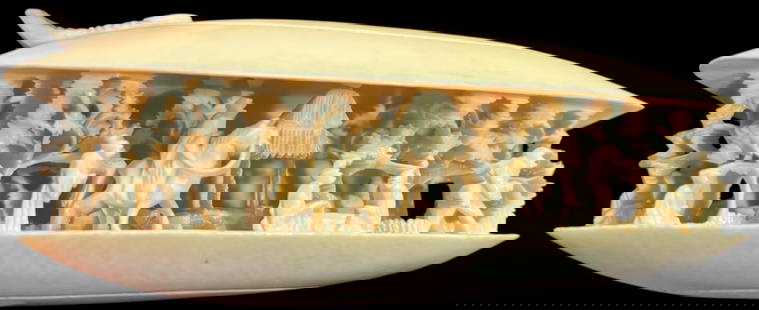 19th Century Hand Carved Bone Decorative Clamshell Shape with Village Scene: Late 19th century hand carved bone carving. Clamshell shape with an intricate village scene inside. Measures 3.5" x 2" x 1". For in-house shipping, select "bidder arranged". Domestic shipping $16.