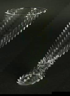 Signed Steuben Art Glass Vase: Glass vase signed Steuben. Crimped top with applied diamond design near base. Measures 8.5" tall. For in-house shipping, select "bidder arranged". Domestic shipping $20.