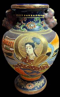 Hand Painted Signed Kiyoyama Japanese Satsuma Moriage Vase: Japanese Satsuma vase. Moriage hand painted with raised paint and gold accents. Painting/images different on each side. Artisan signed Kiyoyama. Measures 8" tall. For in-house shipping, select "bidder