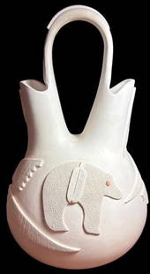 Native American Rare White Clay Acoma Pueblo Pottery Wedding Vase: Native American Acoma Pueblo pottery wedding vase by Garcia and Potters. Hallmark signed. Their work is exhibited in museums and in Santa Fe galleries. Measures 14.5" tall by 9" across. For in-house s
