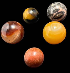 Lot of Five Assorted Antique Marbles: Lot of five antique assorted marbles. Varying size. See photos. For in-house shipping, select "bidder arranged". Domestic shipping $6.