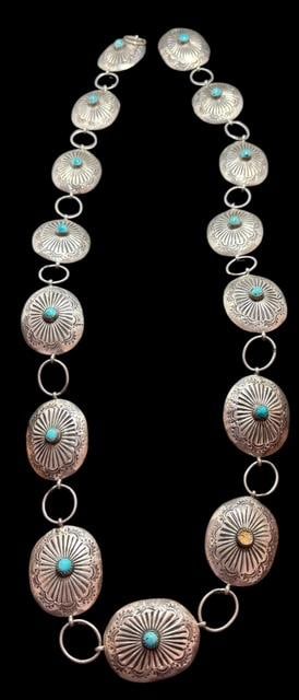 Fred Harvey Style Ladies Sterling and Turquoise Concho Belt Ca. 1970s: Fred Harvey style ladies' sterling and turquoise concho belt. Ca 1970's. Total length measures 32" with 15 conchos. Each concho measures 1" x 1.5". For in-house shipping, select "bidder arranged". Dom