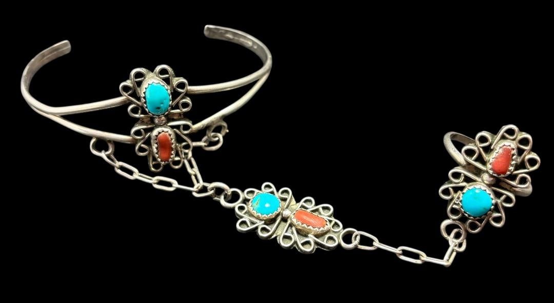 Native American Sterling, Turquoise and Coral Slave Bracelet (1 of 3)